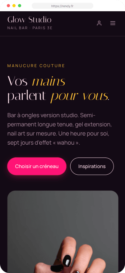 Site Rendy personnalisé — Glow Studio, Manucure à Paris 3ᵉ